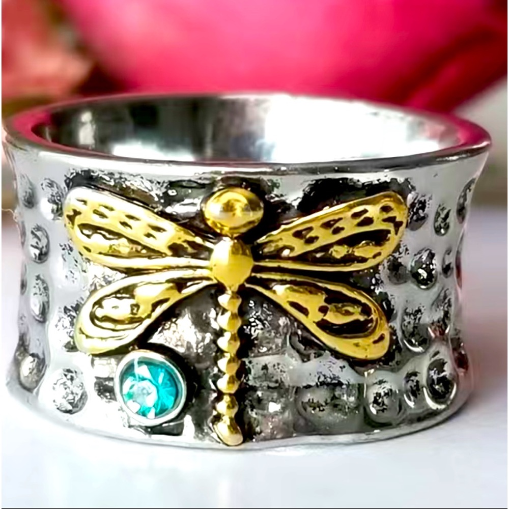 Dragonfly Hammered Ring with Blue Stone